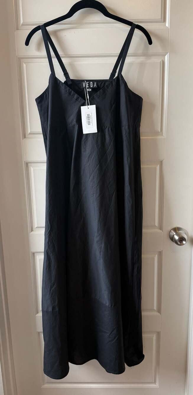 Veda Rio Cotton Spaghetti Strap A-Line Midi Dress in Black XS Petite